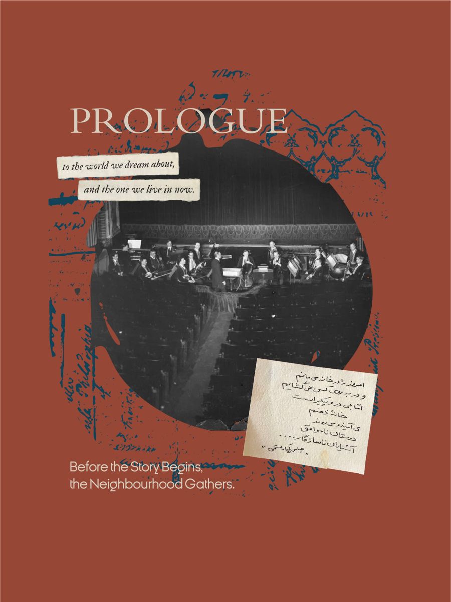 Prologue: an orchestra in a 1920s theatre, framed by Persian calligraphy and a handwritten note